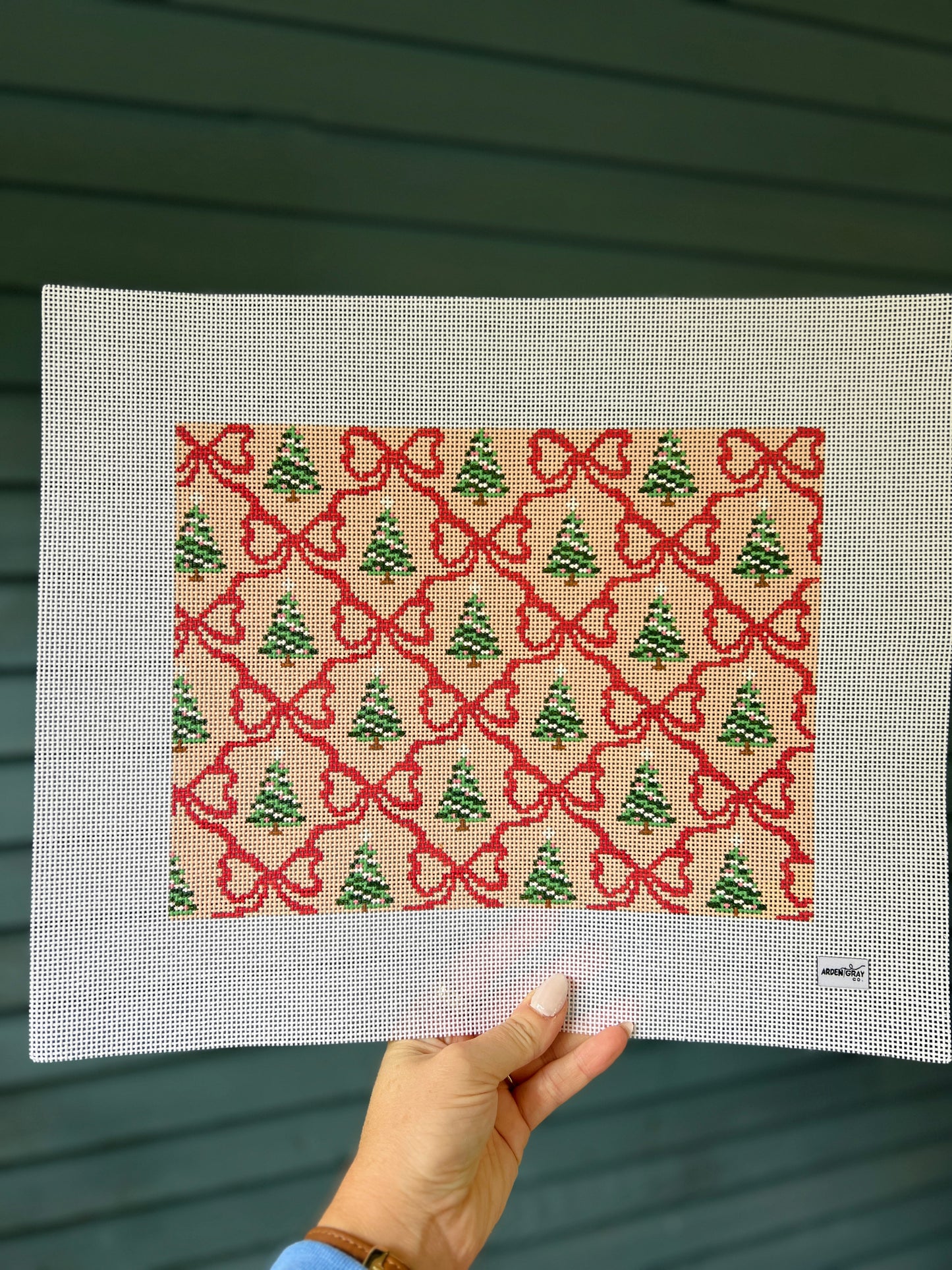 Holiday bows and trees pillow, tray canvas