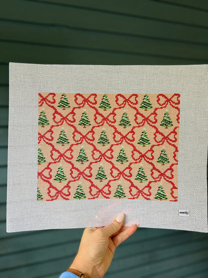 Holiday bows and trees pillow, tray canvas