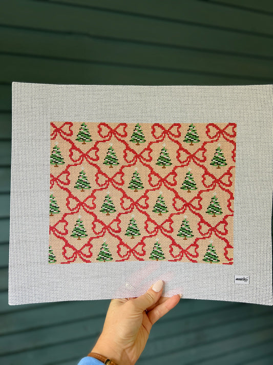 Holiday bows and trees pillow, tray canvas